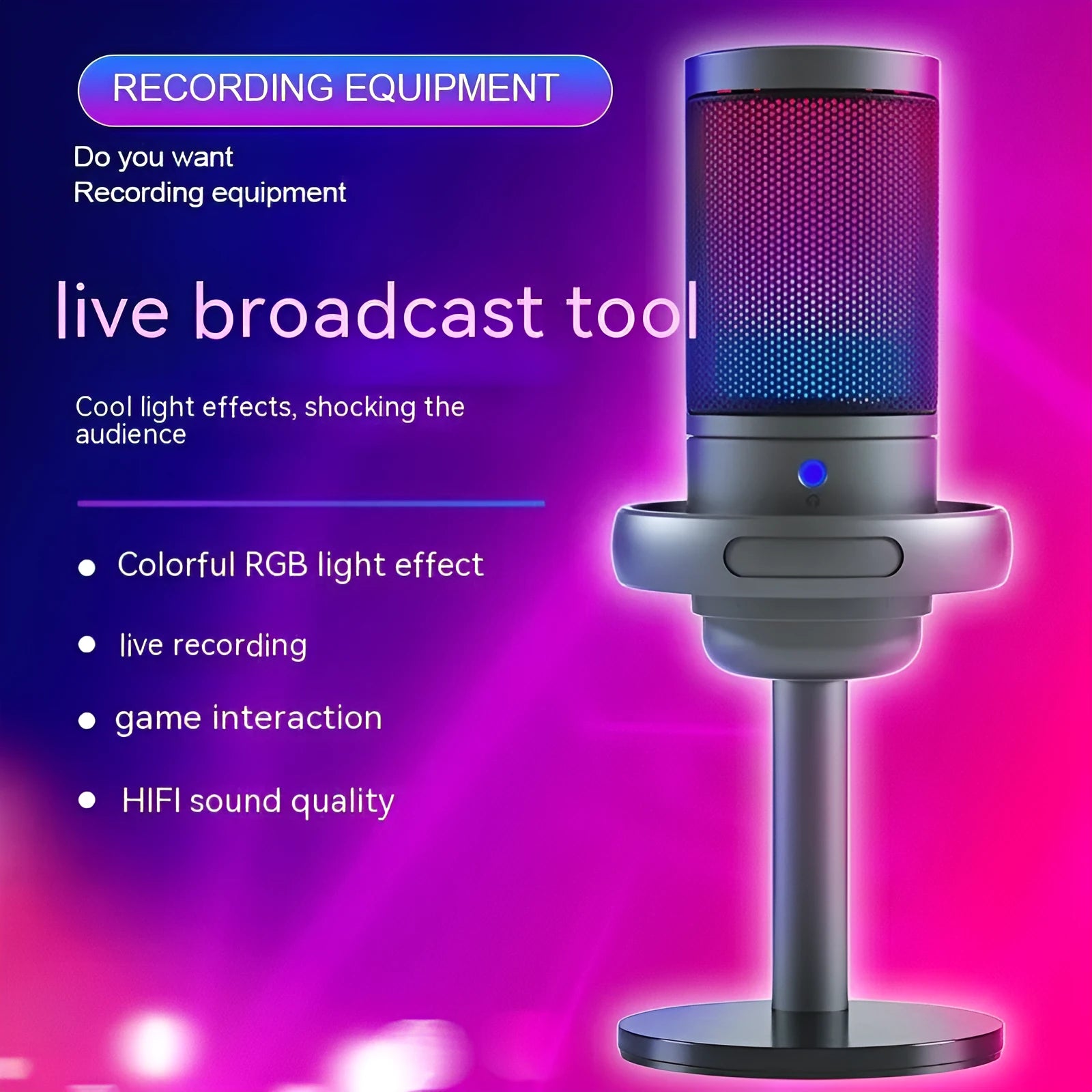 Condenser microphone with RGB lighting for computer recording in black, white, or pink
