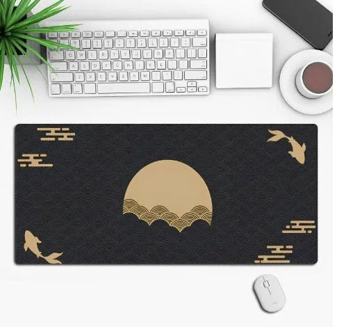 Custom anime graphic gaming mouse pad with non-slip rubber base on a wooden desk.