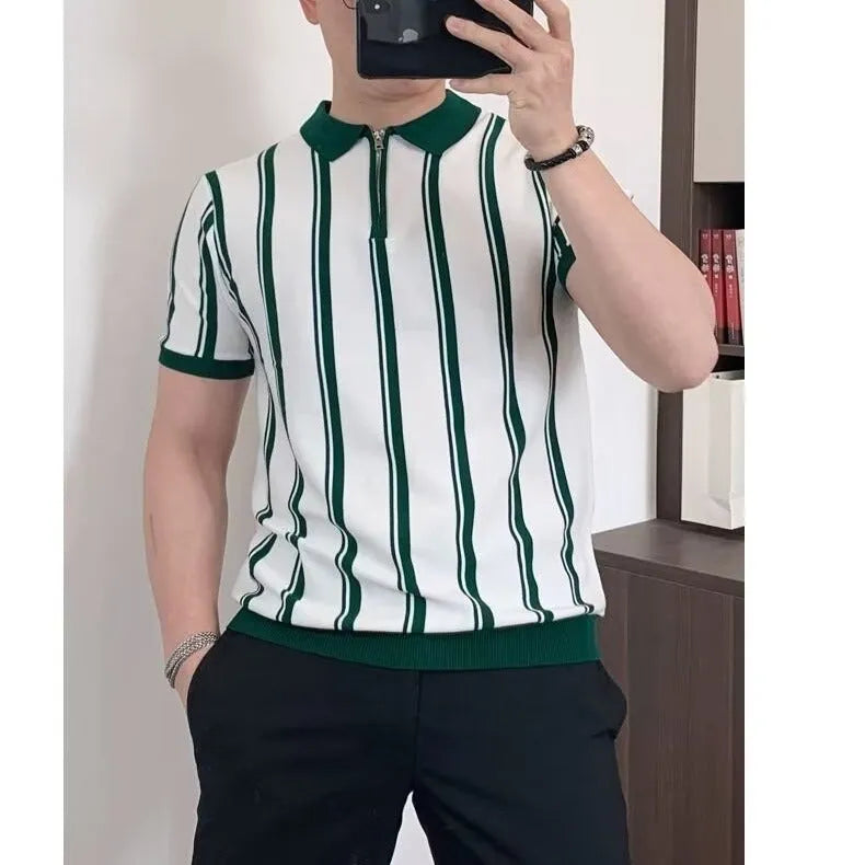 Korean style vintage stripe men's T-shirt with half-sleeve zip detail and cartoon print in black or white colours