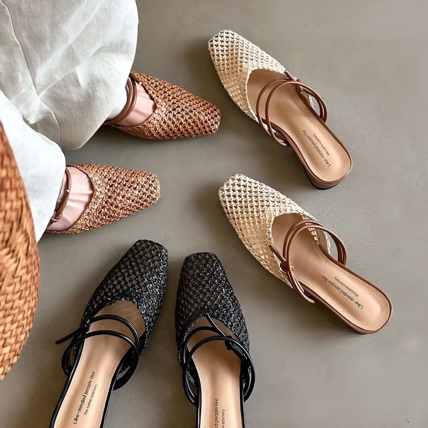 Women's black square toe slippers with hollow-out design and thick chunky heel