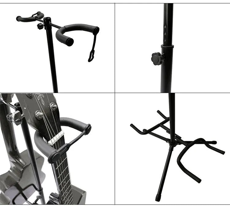 Black iron vertical double-headed adjustable guitar stand holding two guitars.