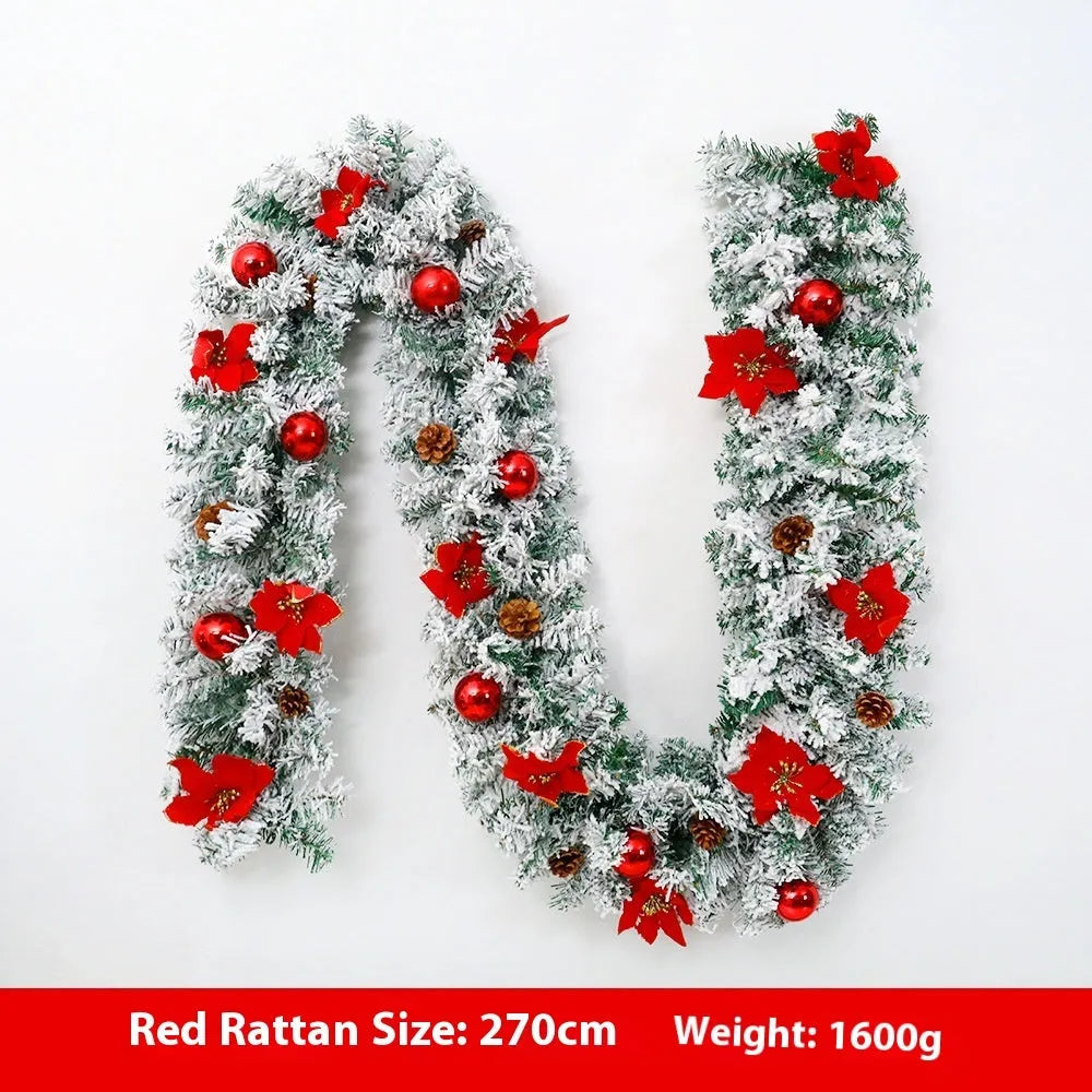 PVC Christmas rattan garland with flocked decoration in American style, approximately 240 cm long