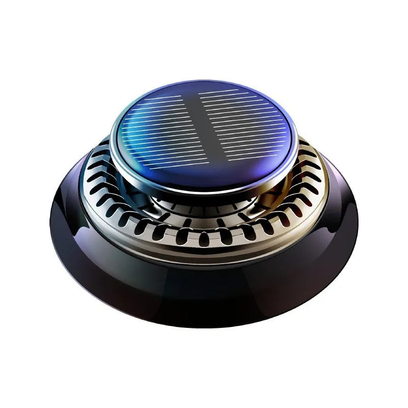 Solar-powered kinetic car air freshener with double ring rotating mechanism on car dashboard