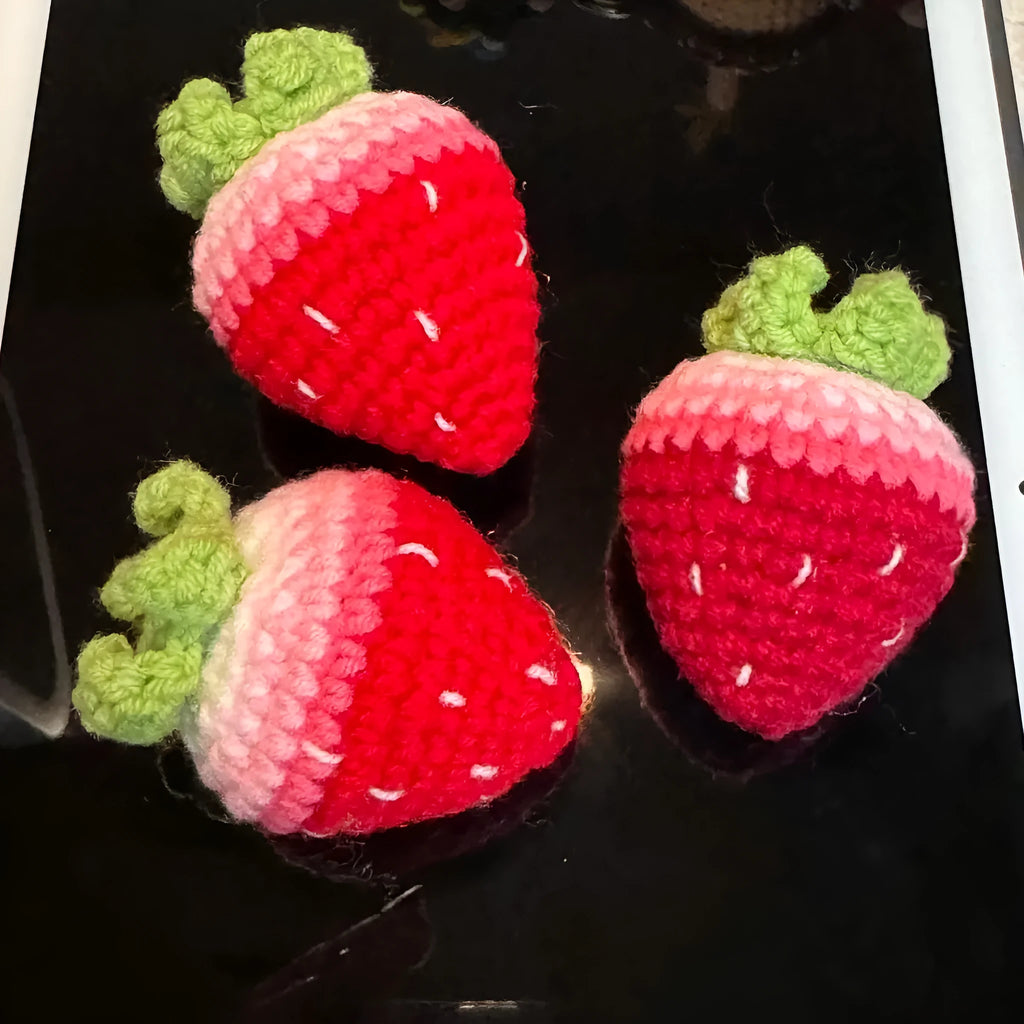 Soft plush strawberry pendant keychain in red and pink wool fabric options
