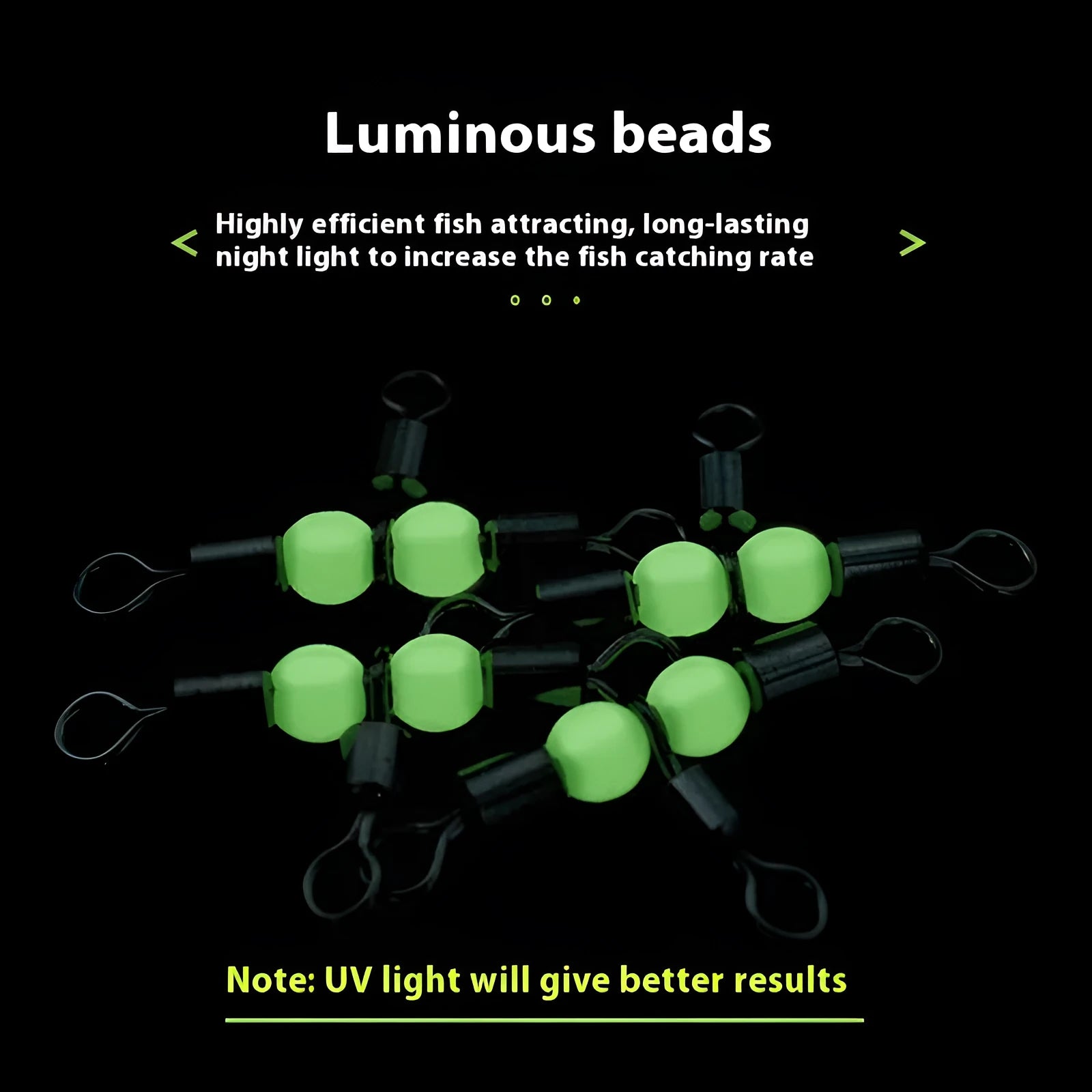 Copper three-fork fishing lure swivel beads with luminous material and eight rotating rings.