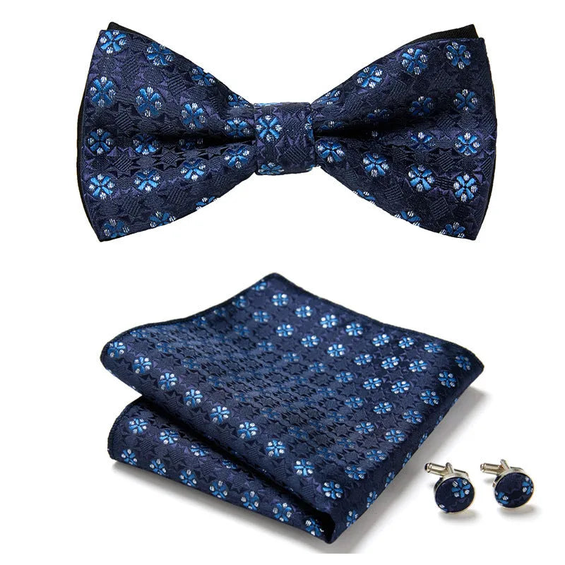 Floral Bow Tie Set of Three Pieces Polyester Yarn Hand-Sewn 12cm by 6cm Bow Tie with Matching Pocket Square 25x25cm and Cufflinks 1.5cm for Men's Formal Wedding and Party Accessories Multistyle Options