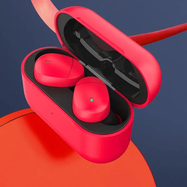 Flame red Qualcomm TWS 3040 true wireless Bluetooth earphones with charging cable.