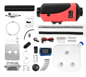 Diesel air heater kit with red and black unit, fuel tank, pipes, and wiring for truck or camper van installation.