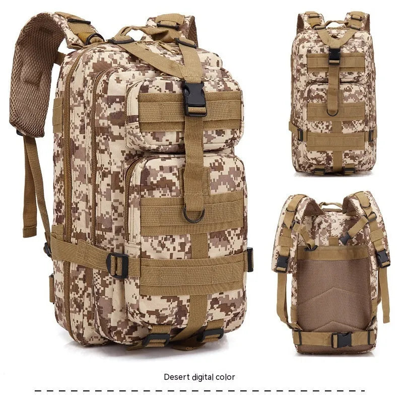 Large khaki coloured off-road hiking backpack with air pillow belt system on a rocky outdoor trail.