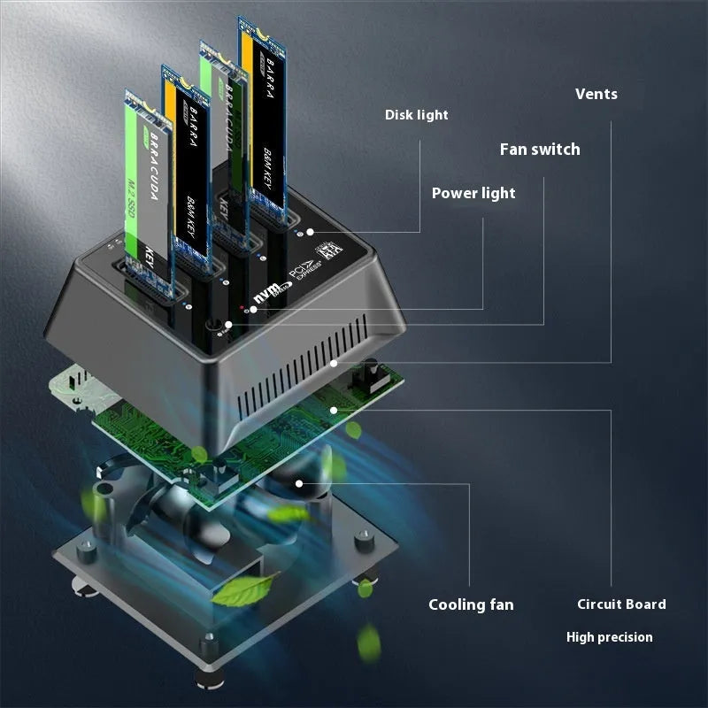 Aluminium alloy M2 dual protocol SSD base measuring 90x78x34mm