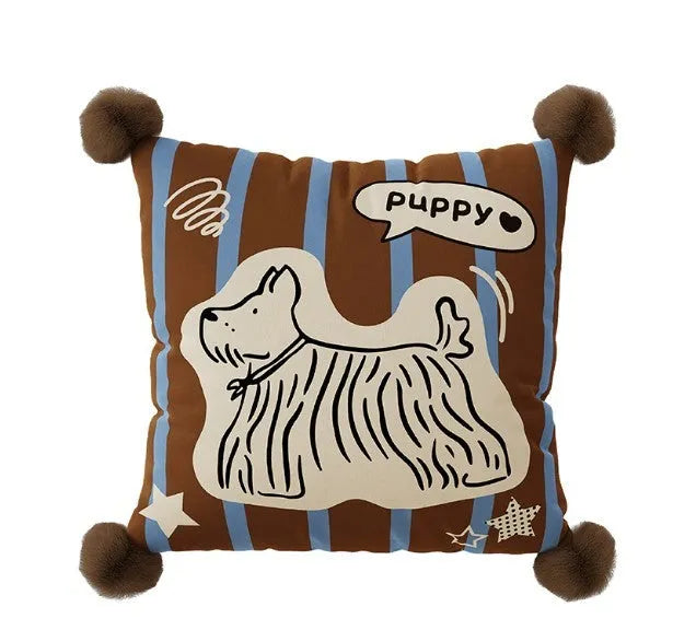 Blue cartoon anime print decorative sofa cushion pillow on a grey sofa.