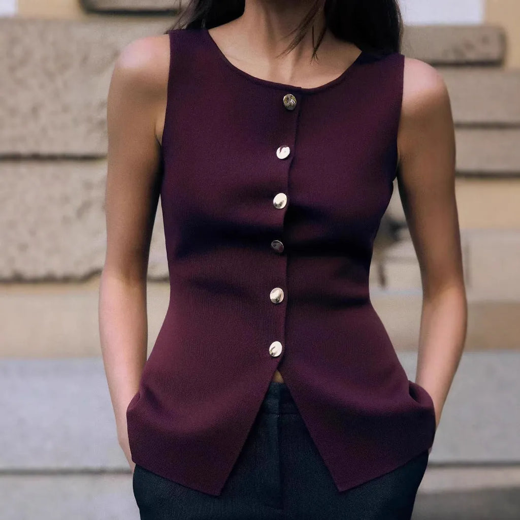 Dark red slim-fit sleeveless vest with gold buttons and a raised 3D pattern on a hanger.