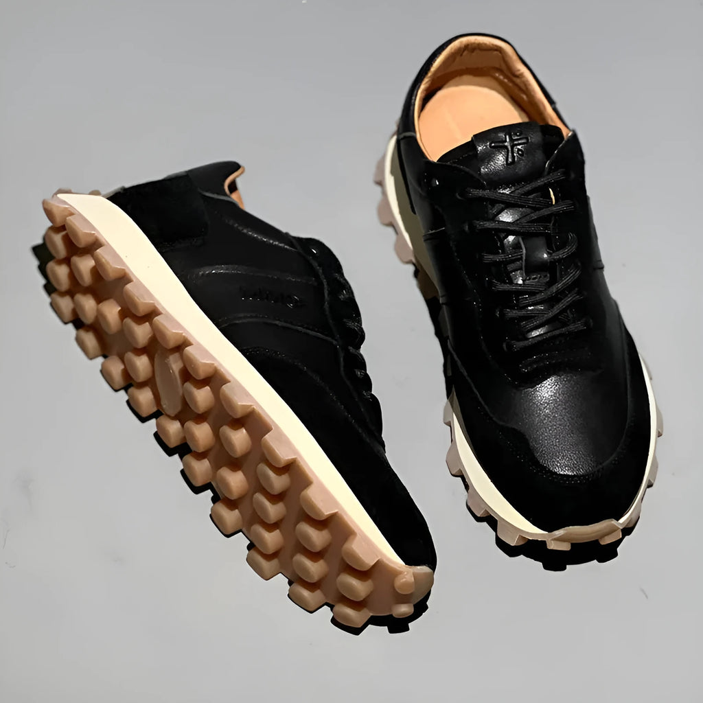 Men's black colour block lace-up sports shoes with head layer cowhide upper and thick rubber sole