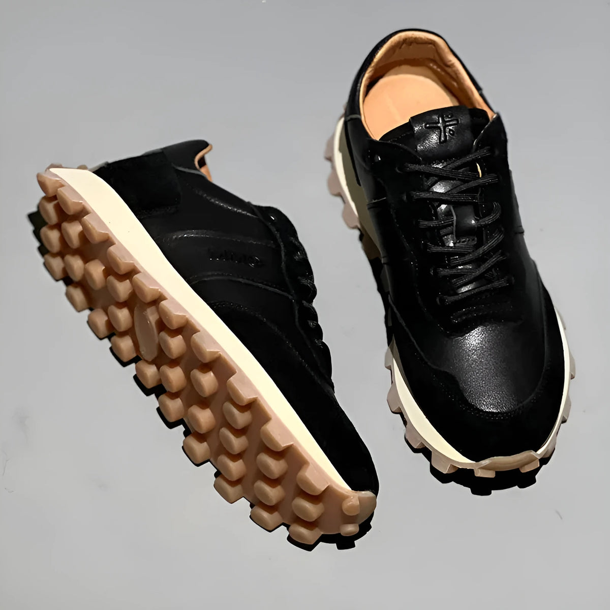 Men's black colour block lace-up sports shoes with head layer cowhide upper and thick rubber sole
