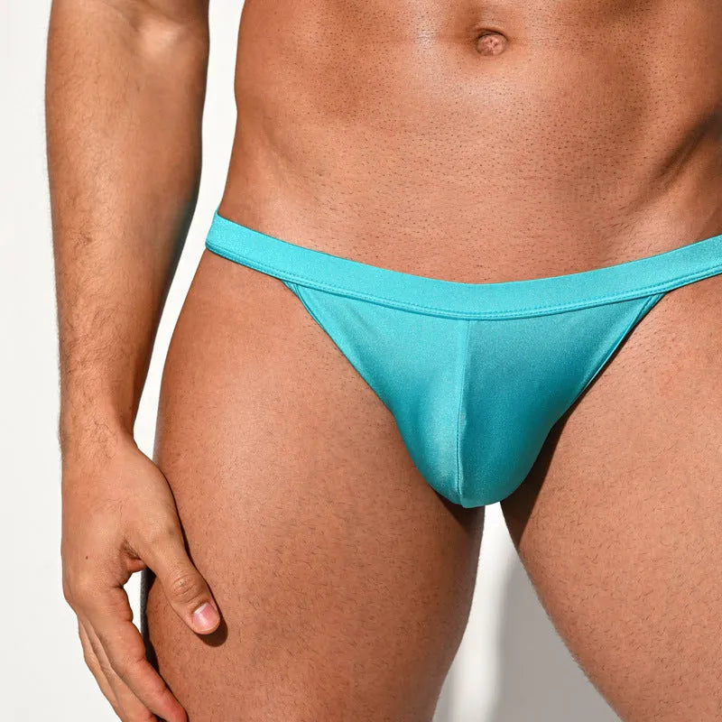 Men's high fork low waist nylon swim briefs in bright lake blue, bright light yellow, and bright midnight blue, sizes M to 2XL
