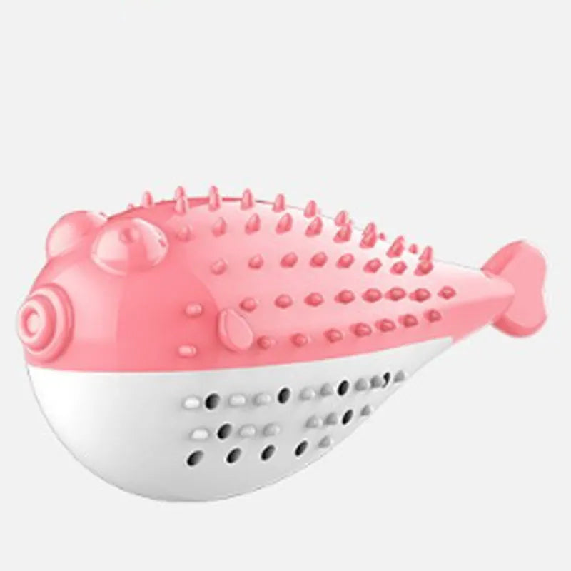 Silicone fish-shaped chew toy for cats in four colours: blue, green, pink, and yellow.
