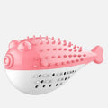 Silicone fish-shaped chew toy for cats in four colours: blue, green, pink, and yellow.