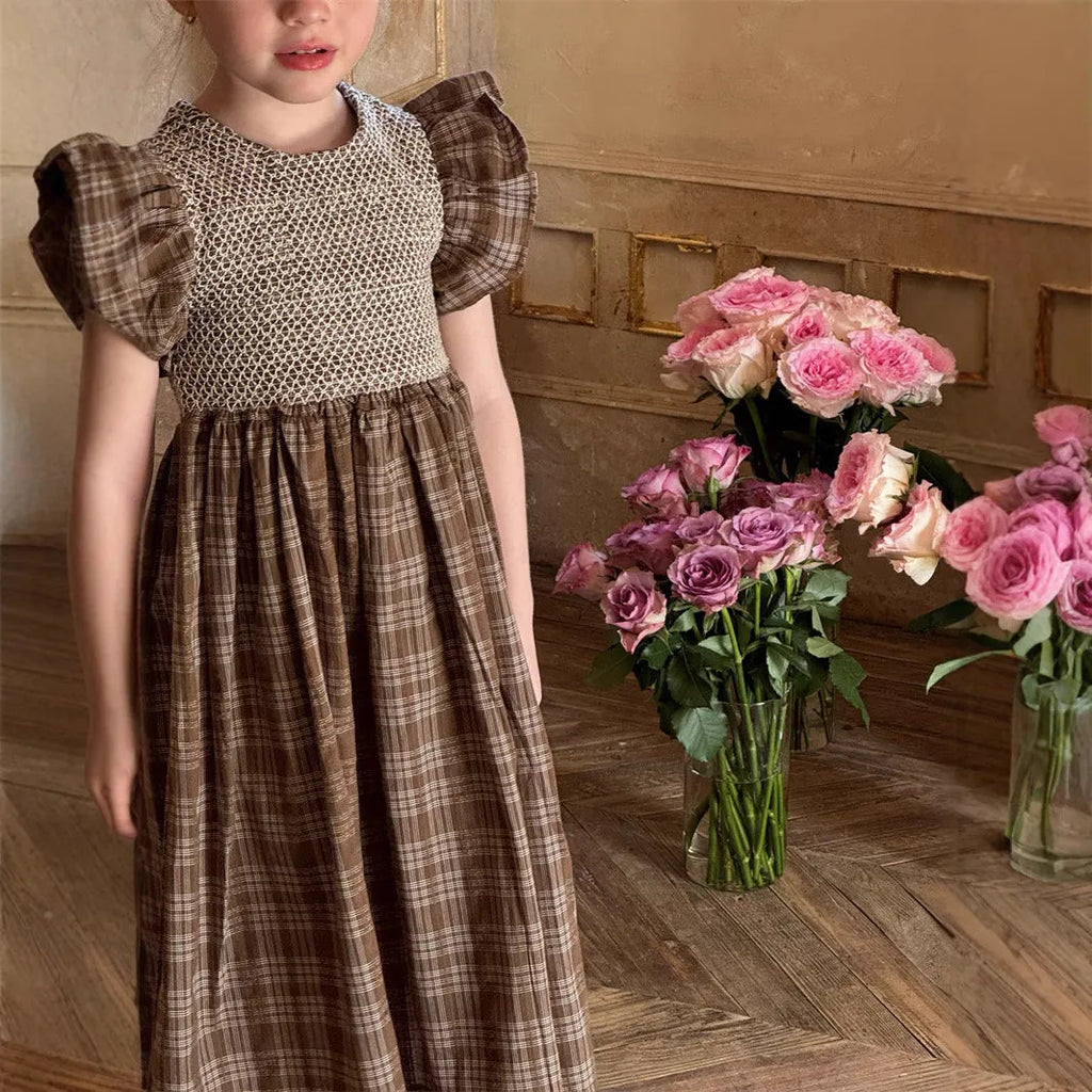 Cotton girls' retro plaid sleeveless dress in red plaid, suitable for height 100-140cm