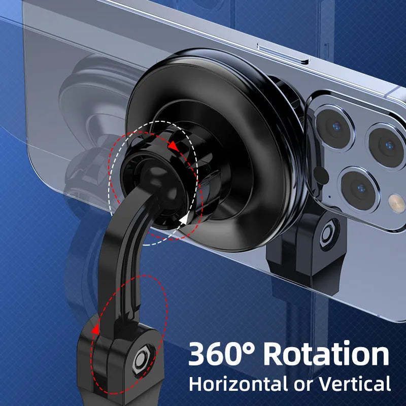 Black 360-degree rotating magnetic phone holder for car dashboard and live broadcast, universal magnetic suction mount.
