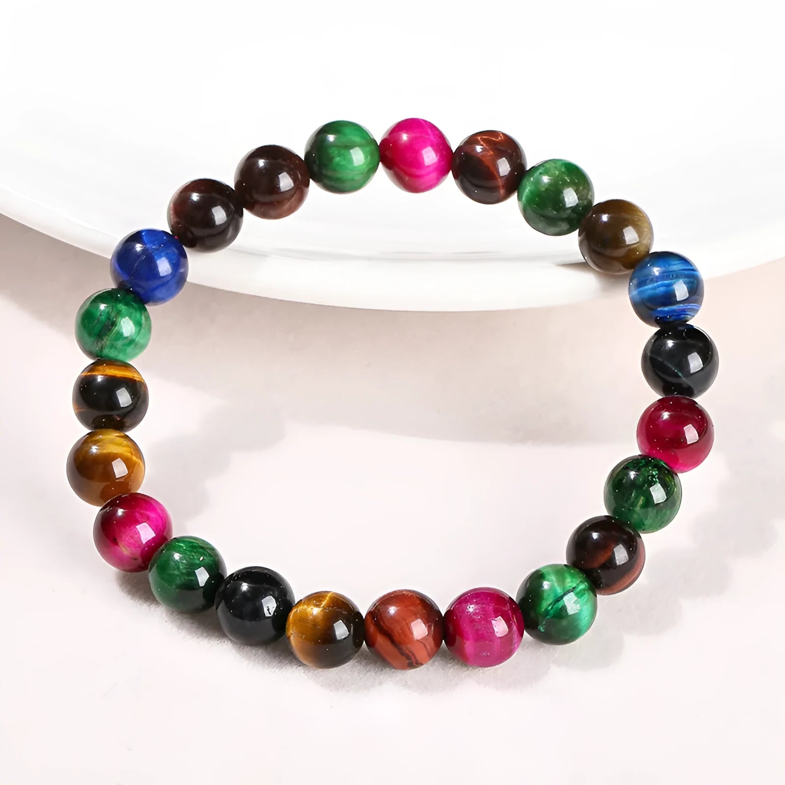 Colourful tiger-eye stone bead bracelet for women with round beads on a mixed string.