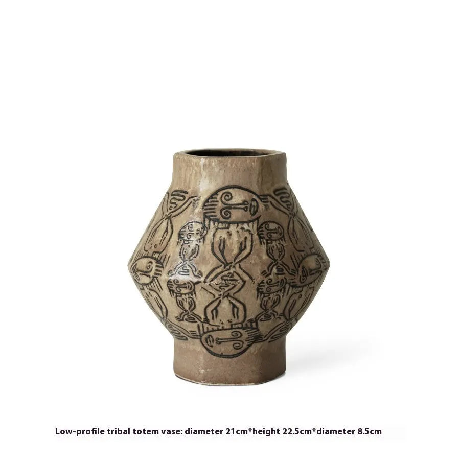 Hand-painted ceramic cylindrical vase with vintage carved art design in tribal totem flower colours