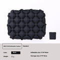 Inflatable camping cushion in 40D nylon TPU, 5x34x44cm, waterproof gasket, shown in six colours.