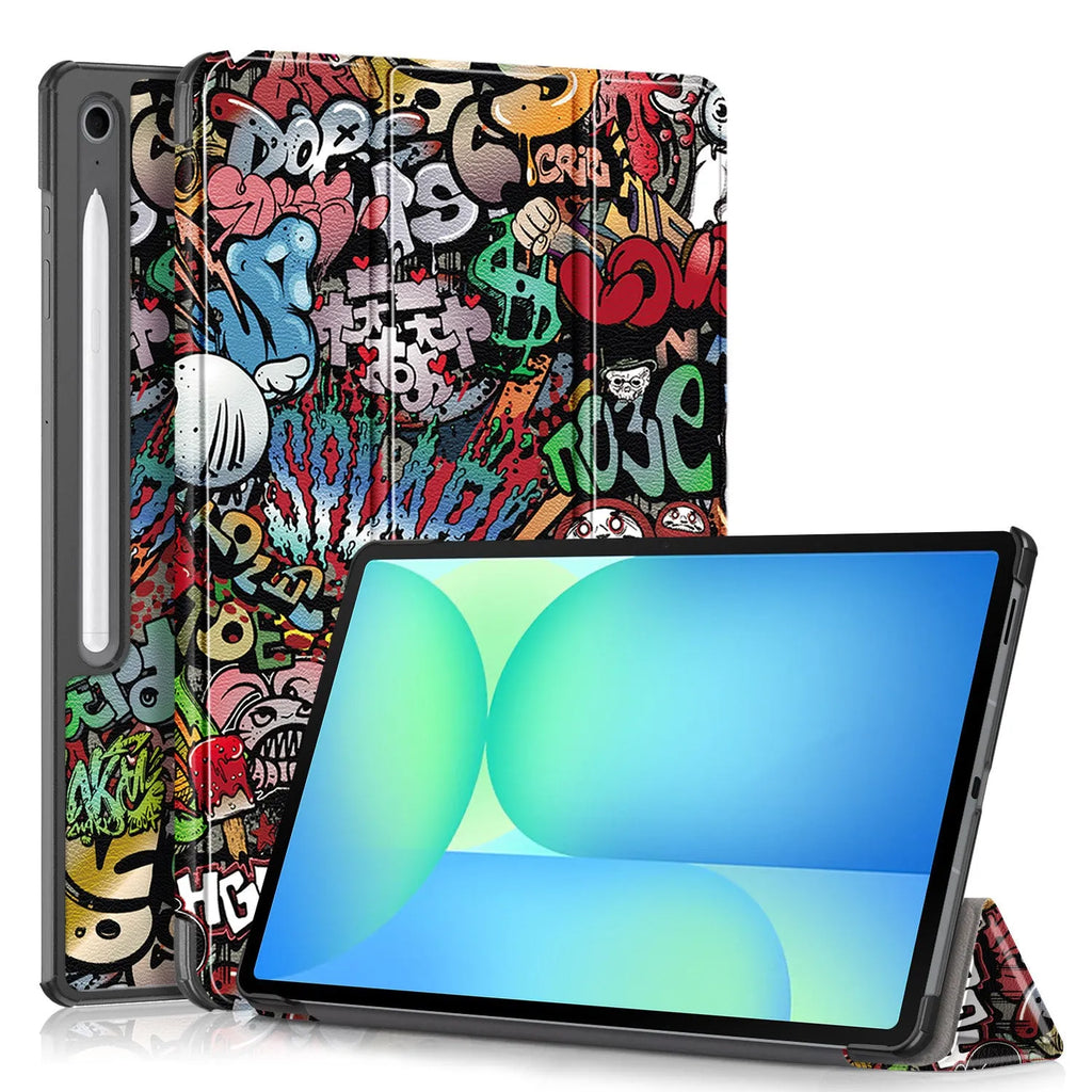 Samsung Tab S10 FE Plus 13 inch protective tablet case in black with built-in bracket stand open on a desk