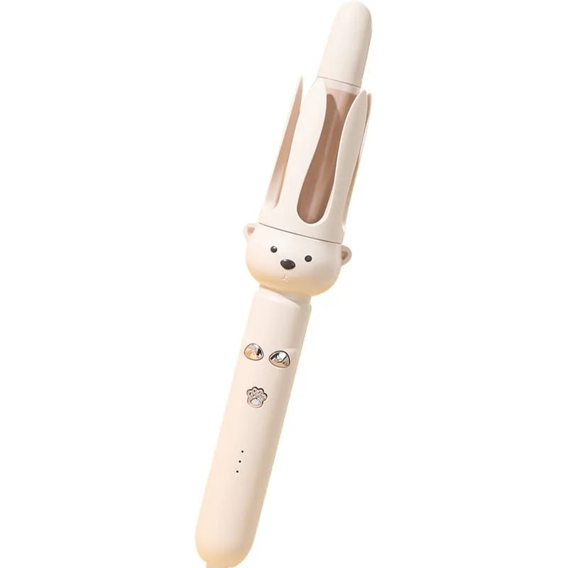Beige anion automatic hair curler with hair stick on a white background