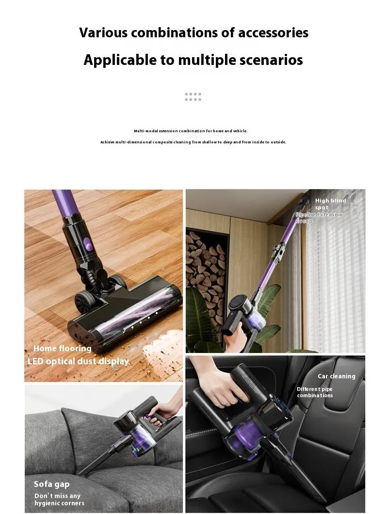 Handheld vacuum cleaner with brushless motor, foldable design, black and purple standard colour