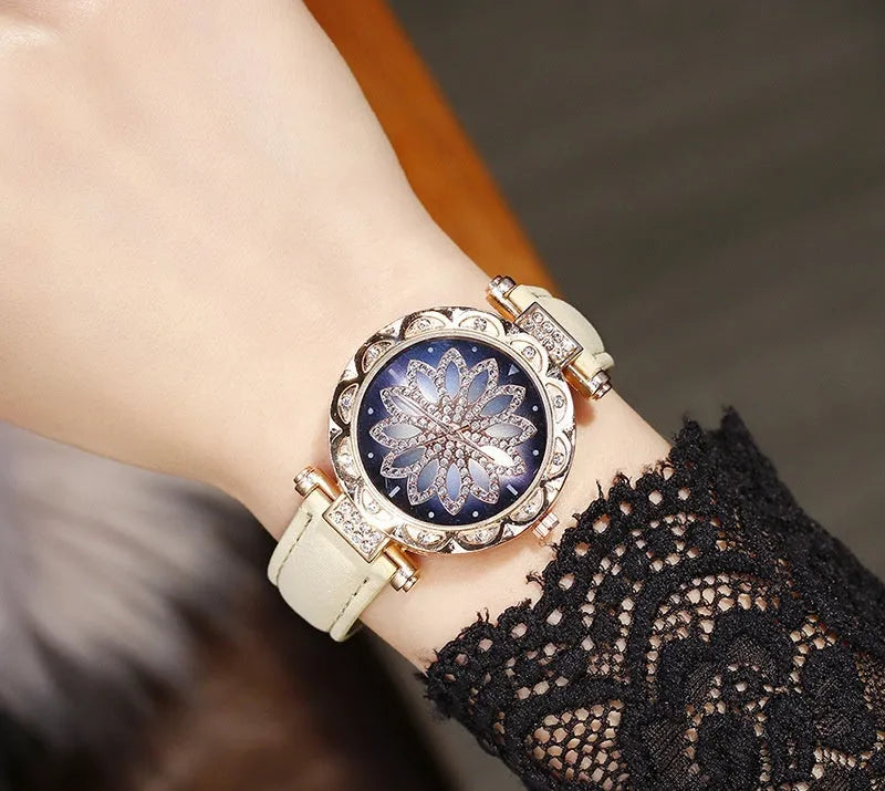 Fashion ladies watch with full diamond dial showing round 32mm face in available colour options