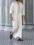 Men's ethnic style loose Muslim robe in milky white linen with short sleeves and national style embroidery, sizes M-4XL.