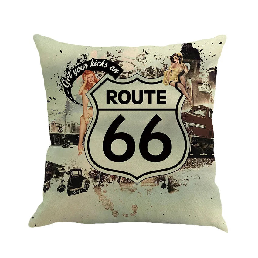 Route 66 landscape pattern linen blend cushion cover on a grey sofa.