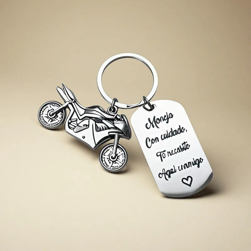 Stainless steel motorcycle key ring with modern design and protective flannel bag
