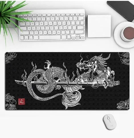 Custom anime graphic gaming mouse pad with non-slip rubber base on a wooden desk.
