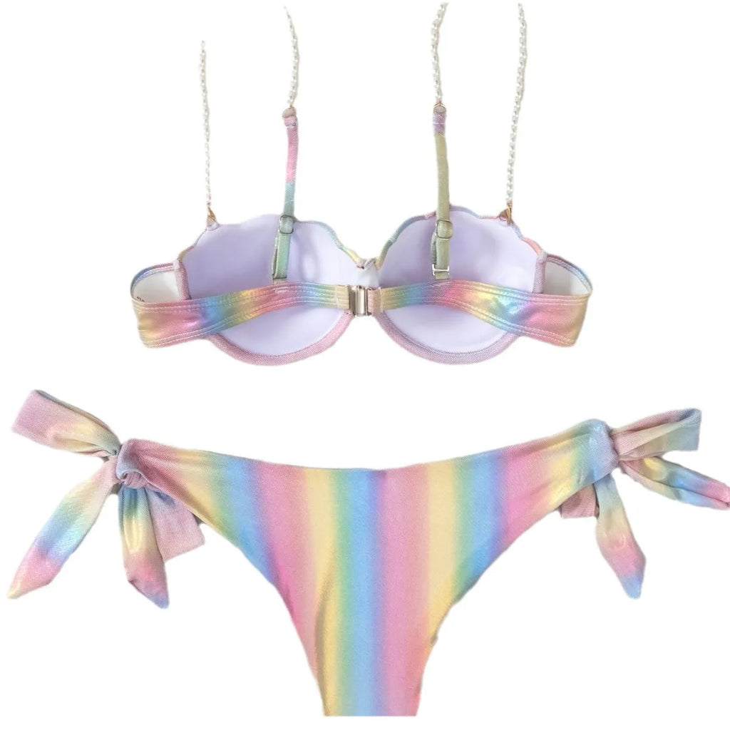 Women's shell rainbow pattern bikini swimsuit with split design and tied back detail