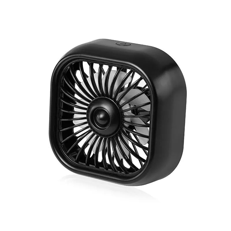 Compact USB car fan with three-speed buttons in black colour on vehicle dashboard