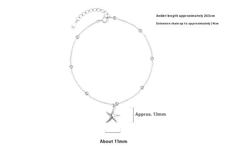 Women's sterling silver anklet with a starfish charm on a round bead chain.