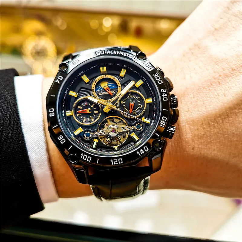 Men's automatic mechanical watch with 12mm case in various colour combinations including silver, black, and black with gold