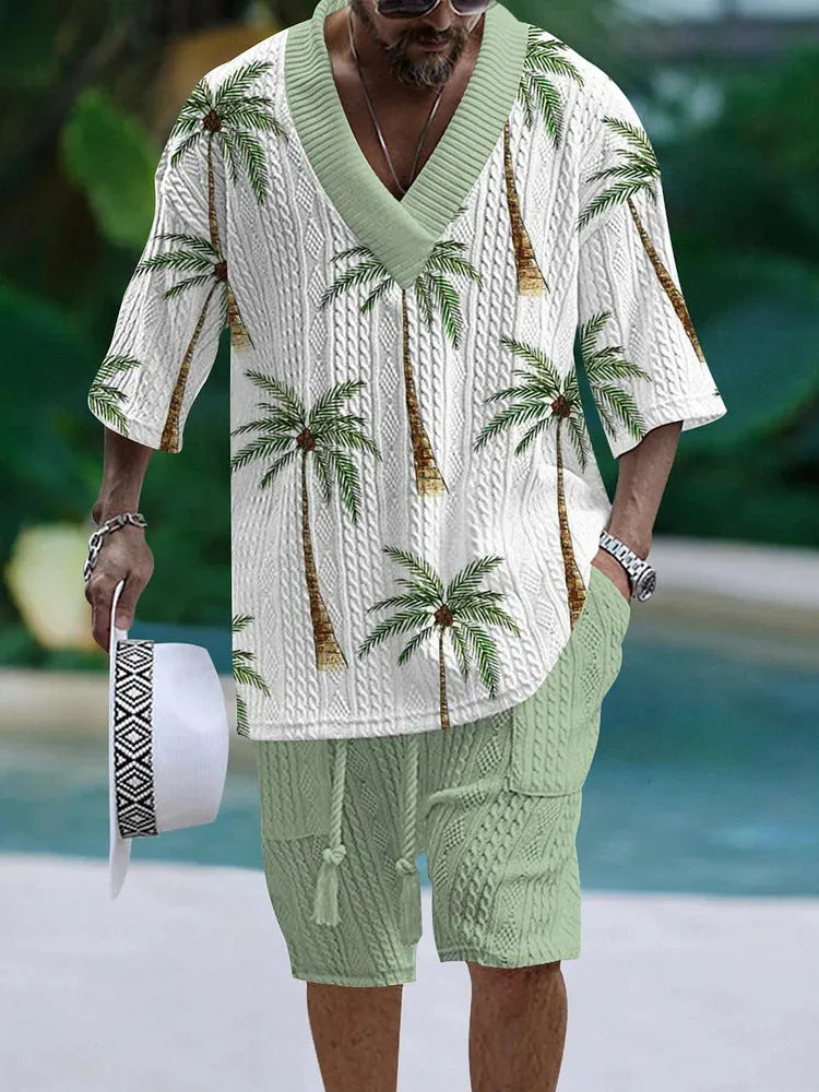 Man wearing a loose-fitting light blue short sleeve top and matching casual shorts from a polyester suit set.