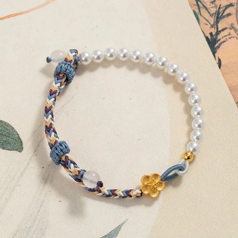 Peach-coloured Chinese flower weaving bracelet with sterling silver chalcedony clasp