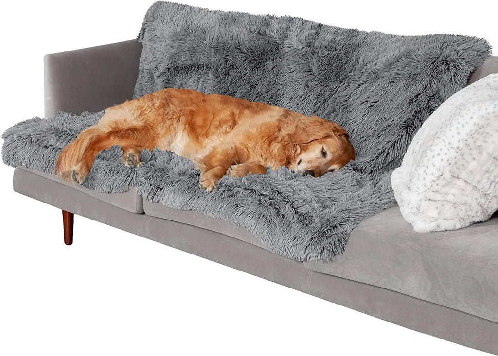 A dark grey plush waterproof dog cushion with a double-layer thickened design, shown in a Large size.