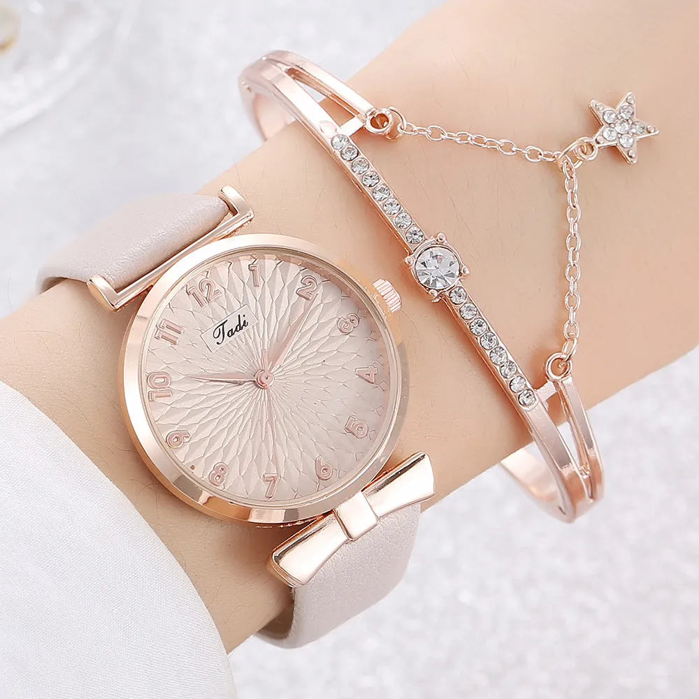 Fashion watch set for women with star love bracelet, white watch with matching bracelet, 8mm thin casing