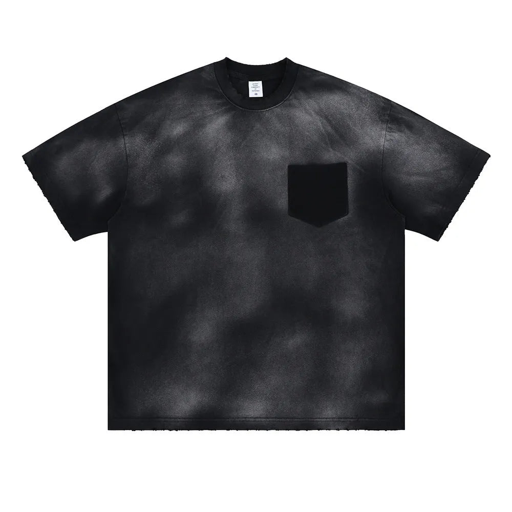 Men's black cotton T-shirt with white printed letter graphic design and drop shoulder sleeves