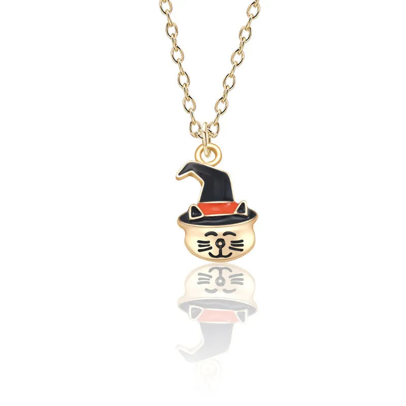 Halloween oil drop necklace with Cat head, Pumpkin, or Pumpkin hat pendant on a 45+5cm alloy clavicle chain