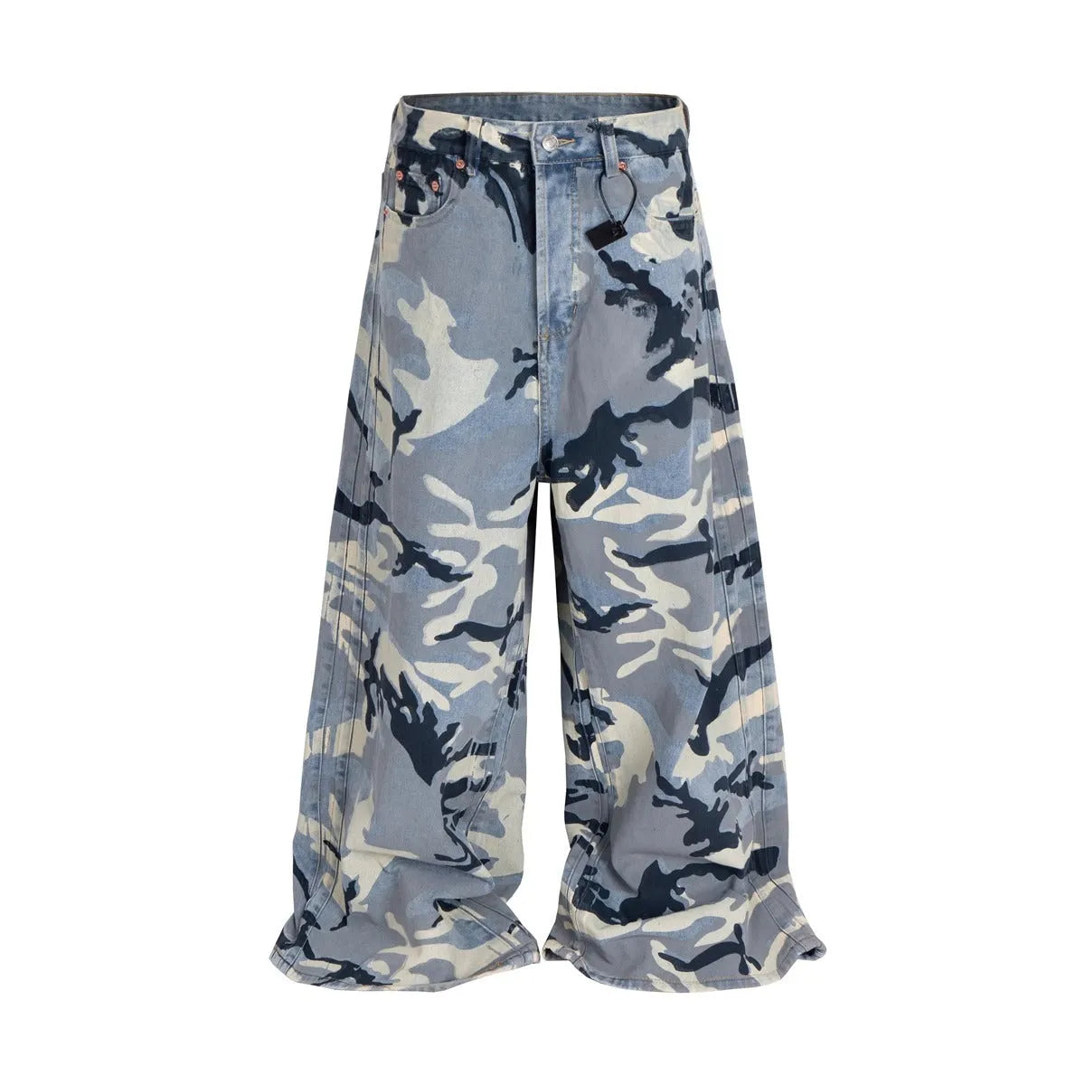 Man and woman wearing loose-fit snow camouflage blue jeans made from stretch cotton denim.