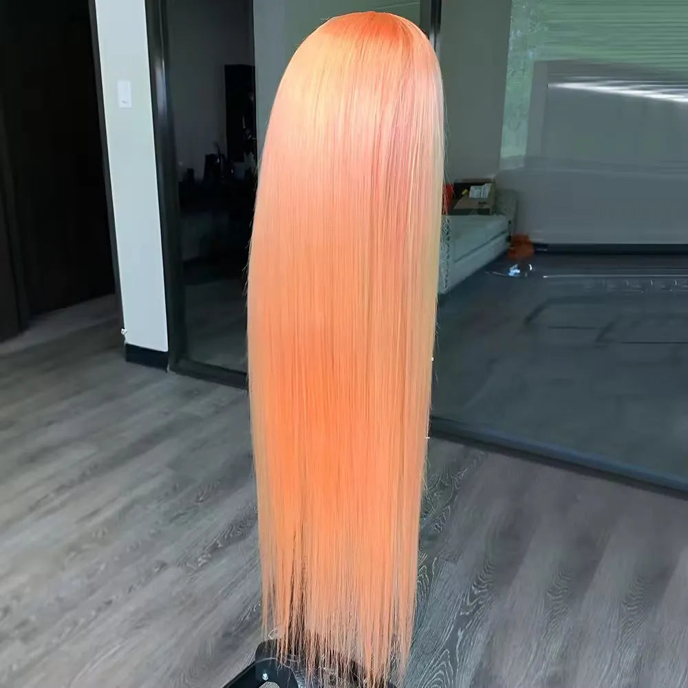 Light orange long straight front lace wig with side bangs on a model