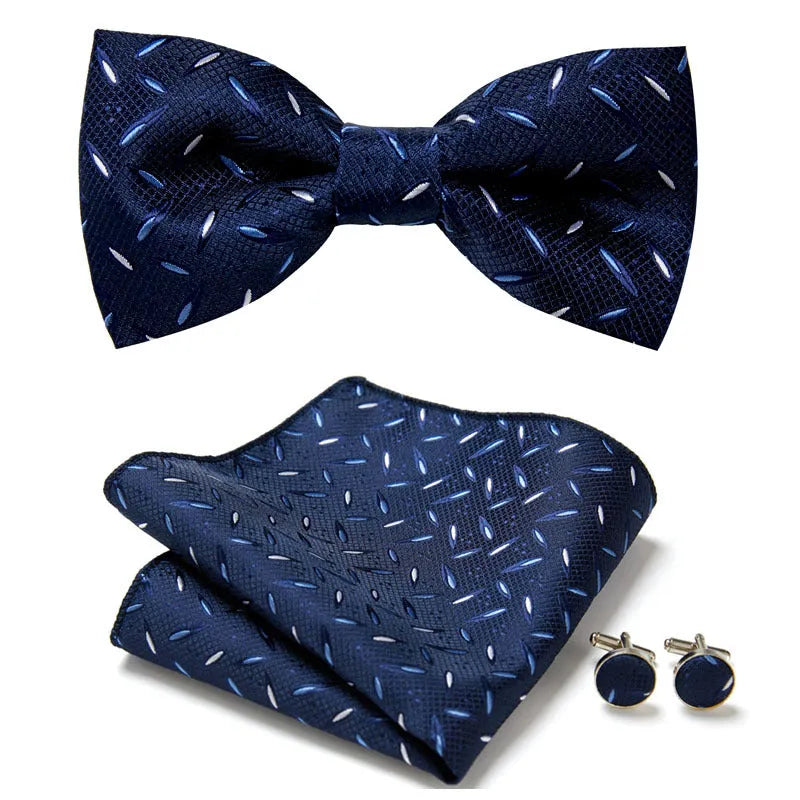Floral Bow Tie Set of Three Pieces Polyester Yarn Hand-Sewn 12cm by 6cm Bow Tie with Matching Pocket Square 25x25cm and Cufflinks 1.5cm for Men's Formal Wedding and Party Accessories Multistyle Options