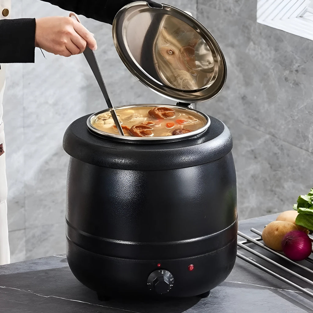 Black stainless steel 10-litre insulation pot with large mouth cover and adapter plug