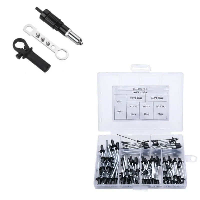 Black metal electric drill rivet gun attachment measuring 173mm with hardened three-jaw chuck and included handle, wrench, and rivet heads