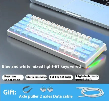 61-key bluish-black and white mechanical keyboard with hot-swap switches on desk